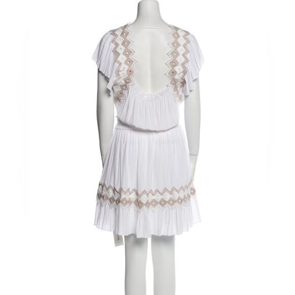 Ramy Brook White Tan Trim Mini Dress Eyelet Smocked Waist Vacation Large NWT - Picture 7 of 15